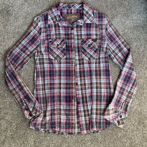 Farm Girl Plaid Pink Brown Blue Distressed Button-Up Shirt Size M